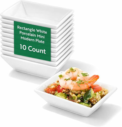 Restaurantware Mini Porcelain Plates Pack of 10 Rectangle 4 x 2.75 Inches Chip-Resistant Appetizer Plates, White Microwave, Oven, Freezer, Dishwasher Friendly Porcelain Tasting Plates For Events