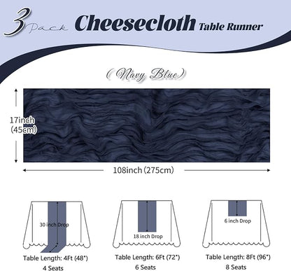 3 Pack Navy Blue Cheesecloth Table Runner, 17 x 108 inch, Semi Sheer Boho - Image 3