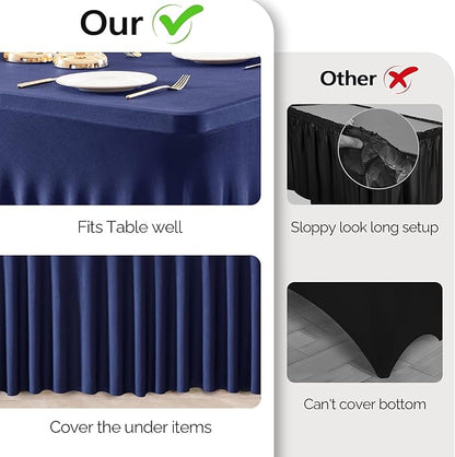 Wish Care 2 Pack Navy Blue Spandex Table Clothes for 4 Foot Rectangle Tables, 4FT Wrinkle Free Fitted Tablecloths Ruffles Design Table Cover for Party, Banquet, Wedding and Events