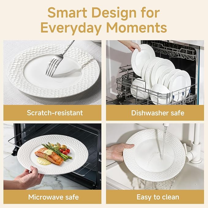 12Pcs Hammered Rim White Bone China Set, Service - Image 7