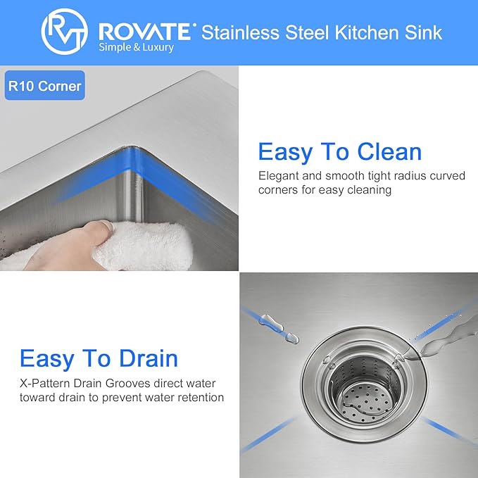 ROVATE 26 ×18 inches Drop-in Kitchen Sink Single Bowl 304 Stainless Steel, Handmade 9 Inches Deep Topmount Kitchen Sink with 1 Hole