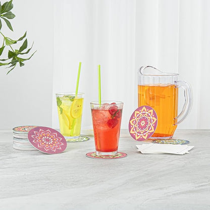 Restaurantware Super Absorbent Coasters 48 Case 4 Inch Assorted Paper Bar Coasters High-Density Pulpboard Beverage Coasters Moisture-Absorbing Durable Drink Coasters - Assorted Designs