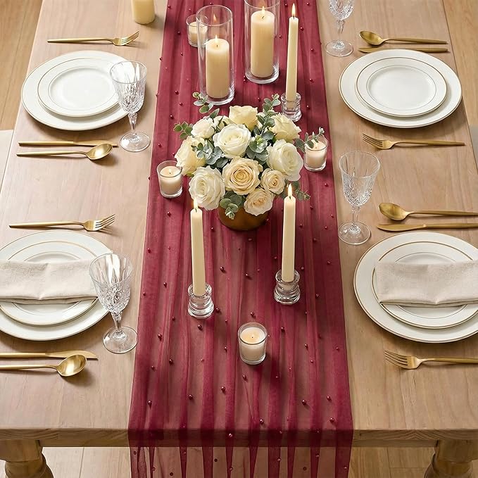 Artoid Mode Pearl Burgundy Gauze Table Runner 120 Inch 10FT, Seasonal Sheer Dining Holiday Wedding Birthday Baby Shower Table Decor for Home Party
