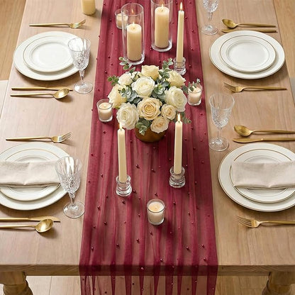 Artoid Mode Pearl Burgundy Gauze Table Runner 120 Inch 10FT, Seasonal Sheer Dining Holiday Wedding Birthday Baby Shower Table Decor for Home Party