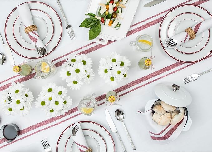 Solino Home 100% Linen Table Runner, 14 x 72 in, Burgundy and White Striped | - Image 3