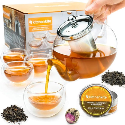 Glass Teapot Set with 4 Double Wall Tea Cups & Removable Stainless Steel Infuser by KitchenKite