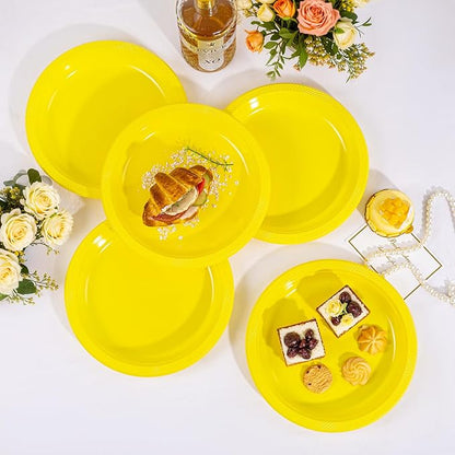 WELLIFE Yellow Plastic Party Plates 10 Inch -150 Count, Disposable Plastic Dinner Plates for Easter Spring Parties Mother's Day Picnic BBQ