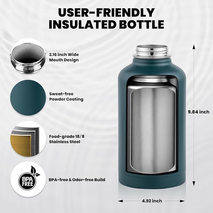 RAYMYLO Insulated Water Bottle 64 oz, Triple Wall Vacuum Stainless Steel | - Image 5
