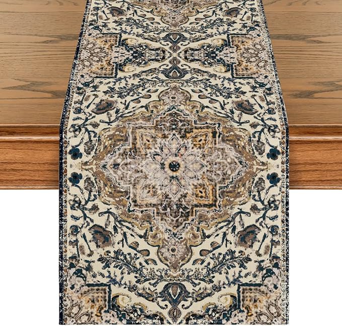 Artoid Mode Dark Blue Boho Bohemia Style Table Runner, Country Rustic Farmhouse by ArtoidMode