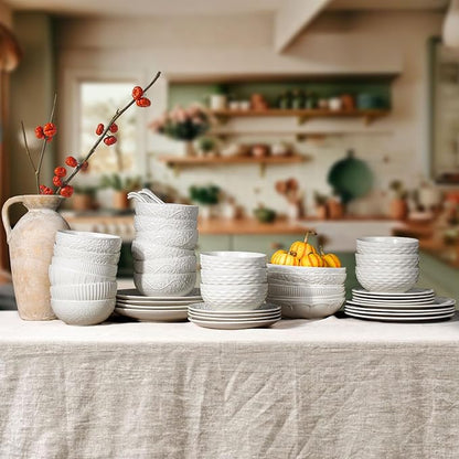 Artena Cereal Bowls 26 OZ, Ceramic Soup Bowls For Kitchen, Embossment Bowls For Rice Pasta Salad, White Bowls For Breakfast Lunch Dinner, 6 Inch, Set Of 6, Dishwasher & Microwave Safe, Lianas