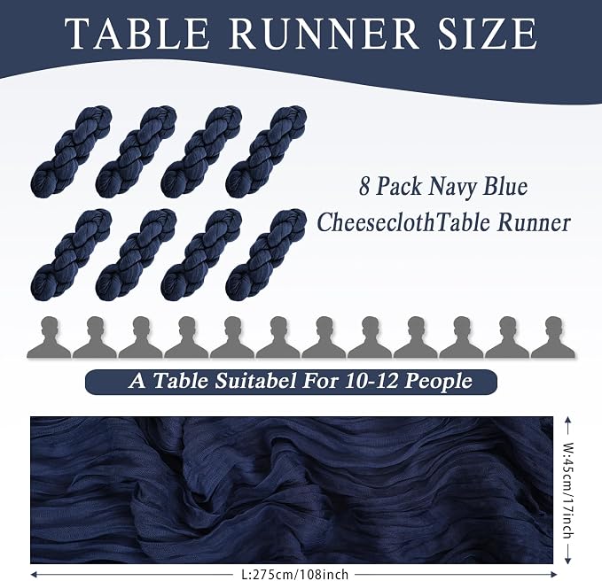 8 Pack Navy Blue Cheesecloth Table Runner 17x108 inch Boho Gauze Cheese Cloth - Image 2