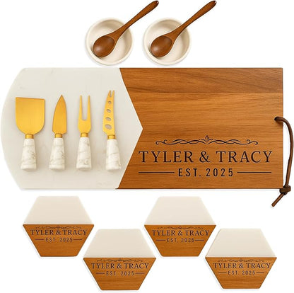 Personalized Charcuterie Board Gift Set – Custom Acacia & Marble Cheese Board with Utensils, Wedding, Housewarming, Couples, Bridal Shower, Engagement, Women, Men, Valentines Day Gifts for Her, Him