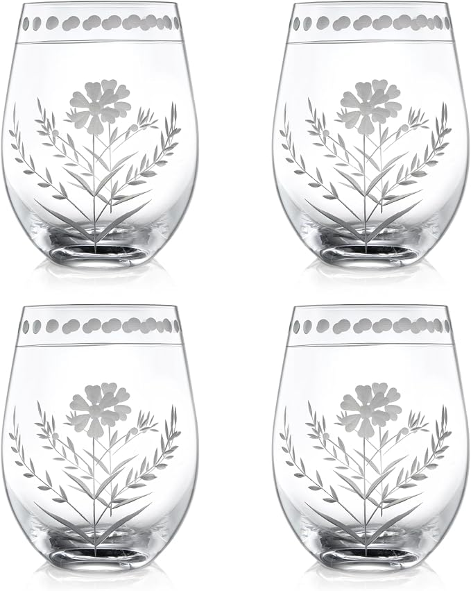 Joeyan Hand Blown Etched Stemless Wine Glasses, Carved Red and White Wine by JoeyanHousehold