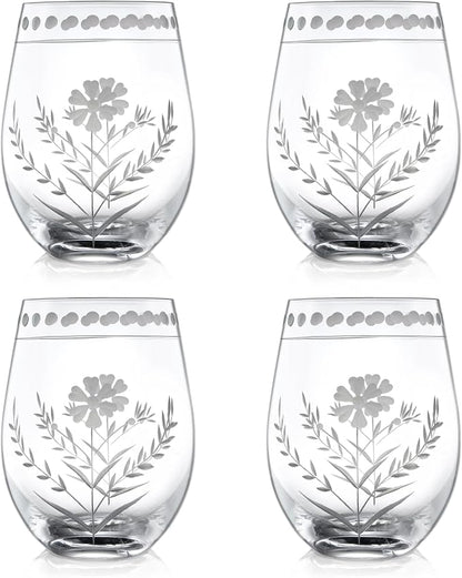 Joeyan Hand Blown Etched Stemless Wine Glasses, Carved Red and White Wine by JoeyanHousehold