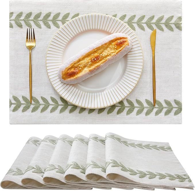Wracra Embroidered Place Mats, Sage Green Rustic Placemats Set of 6 | Macrame by Wracra