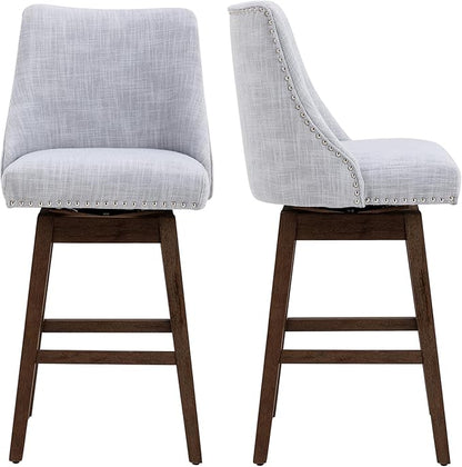 27.5" Counter Height Bar Stools Set of 2, Linen Fabric Mid Century Modern Swivel Barstool with Back & Wood Legs Comfy Upholstered Counter Chairs for Home Bar/Dining Room/Restaurant, Grey