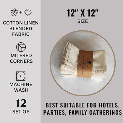 Fingercraft Dinner Napkins Cloth Cotton Blend 12 Pack Premium Quality Mitered Corners Small Table Napkins with Classic Ivory Lace 12 inch Size for Every Day Use in Home and Restaurant Ivory
