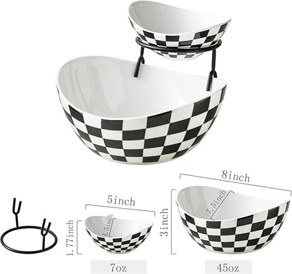 Tiered Serving Bowls Chip and Dip Serving Set with Stand, Ceramic Appetizer Serving Dishes Platters and Trays for Parties Entertaining - Checkered Kitchen Decor
