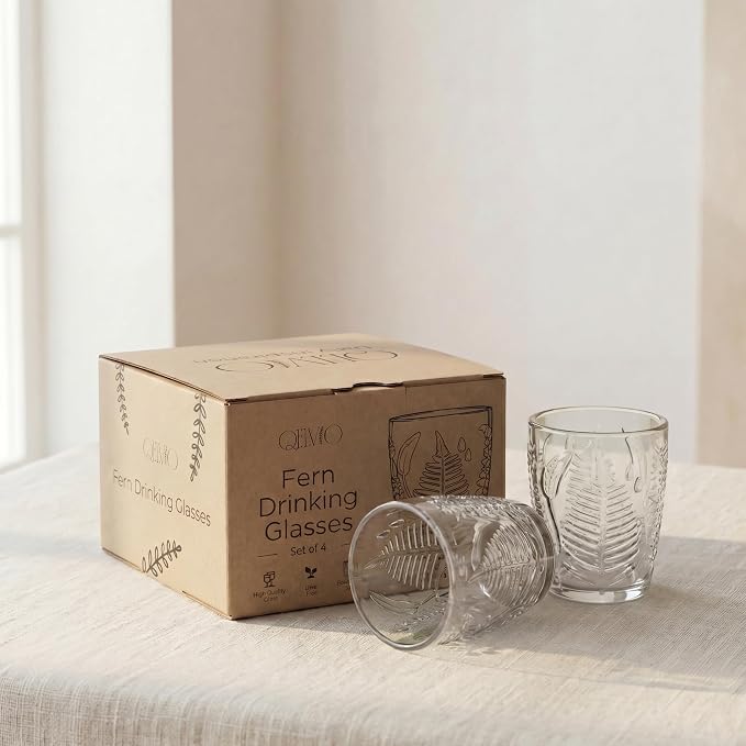 Clear Drinking Glasses Set of 4, 10 oz Glass Cups, Vintage Fern Glassware | - Image 5