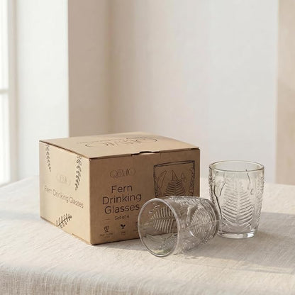 Clear Drinking Glasses Set of 4, 10 oz Glass Cups, Vintage Fern Glassware | - Image 5