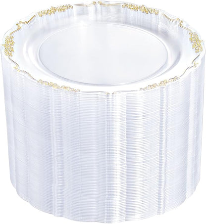 DaYammi 60PCS Clear Plastic Plates Heavy Duty Clear Disposable Plates 7.5” Fancy Gold Dessert Platos Small Cake Plates Appetizer Platos Hard Round Plastic Disposable for Wedding and Party