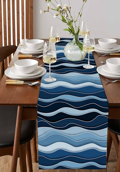 Abstract Blue Moire Table Runners 70 Inches Long, Cotton Linen Fabric Table - Image 2