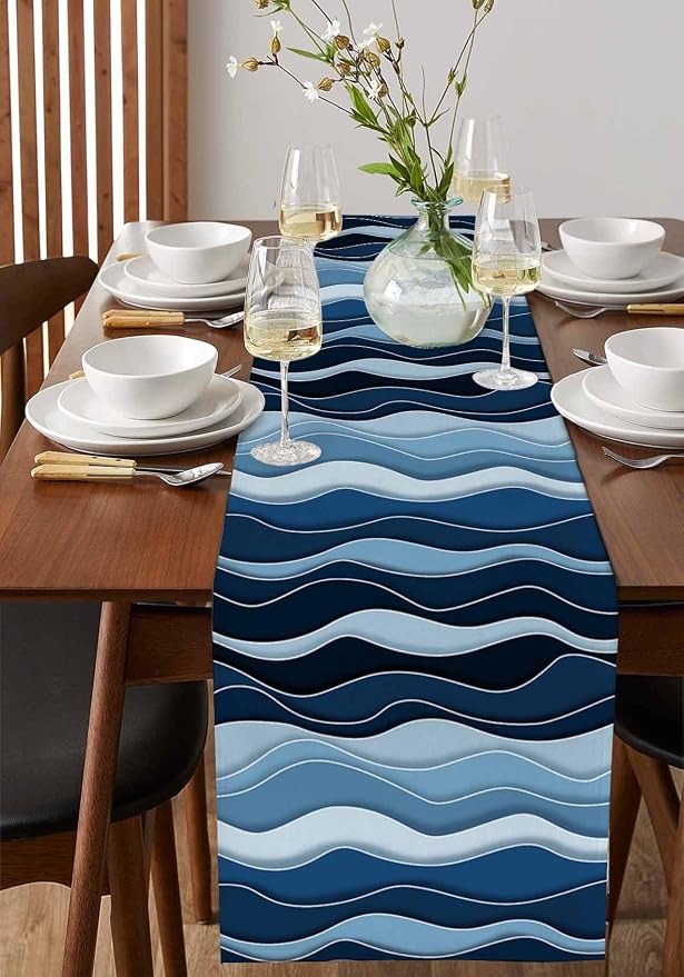 Abstract Blue Moire Table Runners 108 Inches Long, Cotton Linen Fabric Table - Image 2