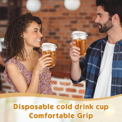 Baderke 100 Pcs Plastic Cups with Sip Lids Round Bottom Disposable Plastic Coffee Cups with Lids Clear Strawless Crystal Mugs for Iced Coffee Smoothie Cold Beverage Party Catering Supplies (16 oz)
