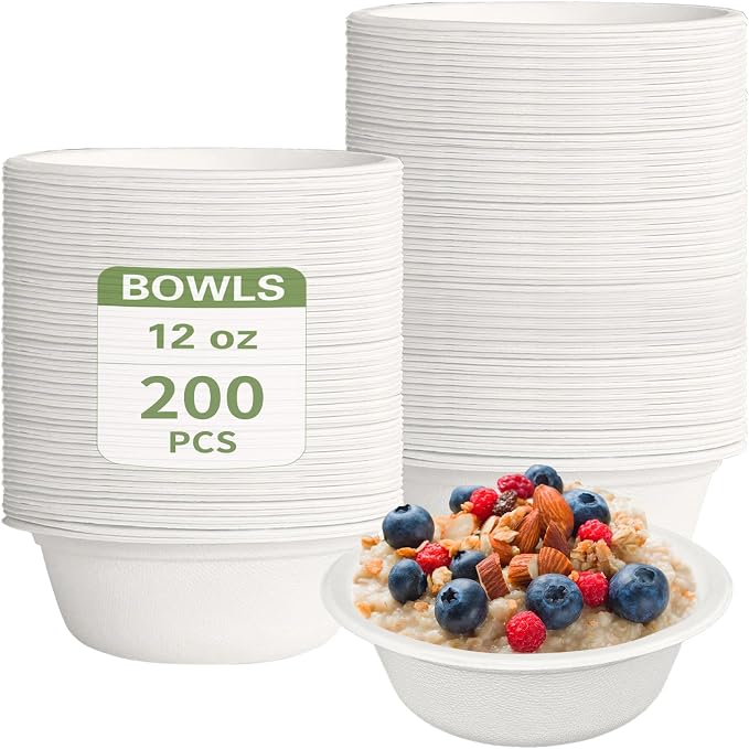 Zddaoole 200 Pack 12 OZ Compostable Disposable White Paper Bowls, Natural by Zddaoole