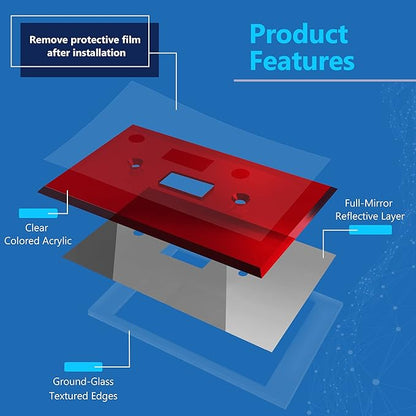 LIDER Toggle Switch Acrylic Wall Plate, Mirrored Light Switch Plate, Plexiglass Switch Cover, Mirror-like Reflective Finish, Modern Upgrade, Oversized 1-Gang 5.25" x 3.44", Red