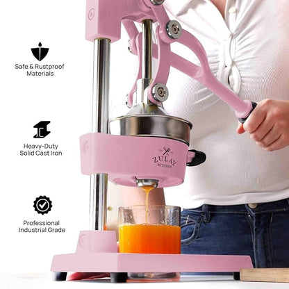 Zulay Kitchen Cast-Iron Orange Juice Squeezer - Heavy-Duty, Easy-to-Clean, Professional Citrus Juicer - Durable Stainless Steel Lemon Squeezer - Sturdy Manual Citrus Press & Orange Squeezer (Pink)