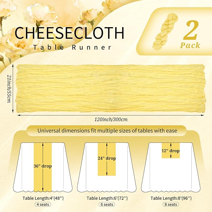 Showgeous 2 Pack Light Yellow Cheesecloth Table Runners Boho Wedding Decor | - Image 2