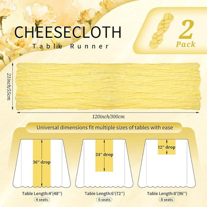 Showgeous 2 Pack Light Yellow Cheesecloth Table Runners Boho Wedding Decor | - Image 2
