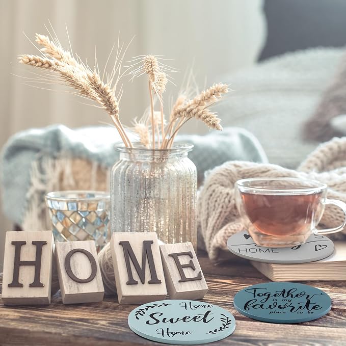 Queekay Coasters Set of 6 House Warming Gifts New Home Wooden Farmhouse Drink - Image 6