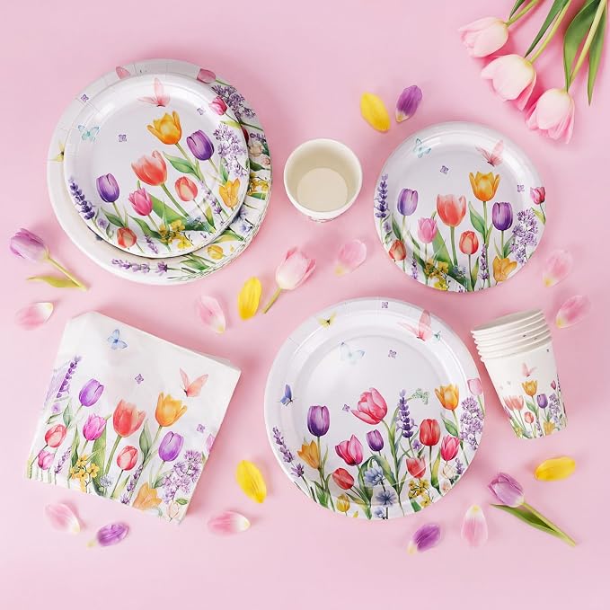 250 Pcs Floral Party Decorations Include Lavender Tulip Butterfly Paper Plates - Image 4