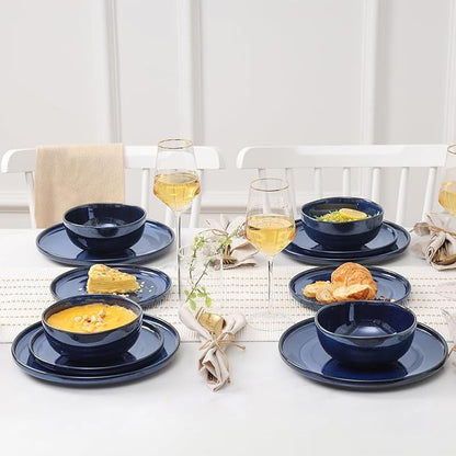 Vicrays Ceramic 18 Pieces Dinnerware Set - Dinner Plates Salad Plates Cereal Bowls Set Service for 6 - Scratch Resistant Microwave Oven Dishwasher Safe - Blue