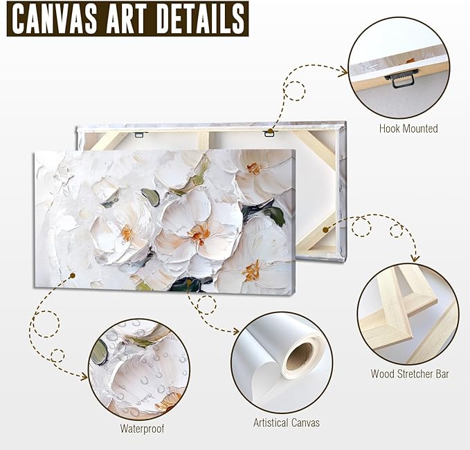 ADJUVANT Wall Art Impressionist Minimalist White Floral 60"L x 30"W, White Flowers With Subtle Tones Canvas Painting Delicate Petals Artwork Floral Wall Decor for Living Room Bedroom Bathroom Home Office