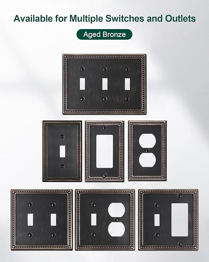 2-Pack Triple Toggle Light Switch Cover Plate, Pearls Decorative Switch Plate Covers, Aged Bronze 3 Gang Metal Wall Plate, Corrosion Resistant