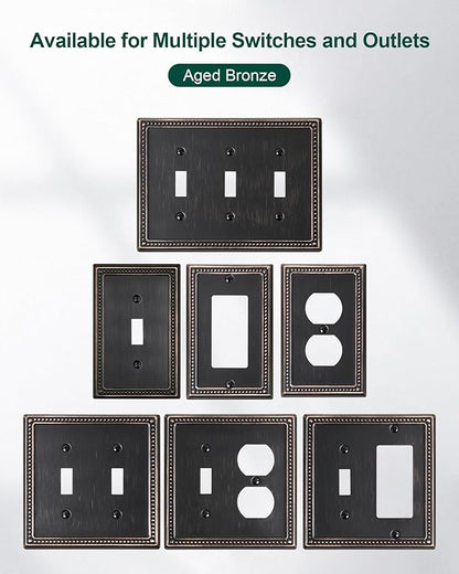 2-Pack Triple Toggle Light Switch Cover Plate, Pearls Decorative Switch Plate Covers, Aged Bronze 3 Gang Metal Wall Plate, Corrosion Resistant