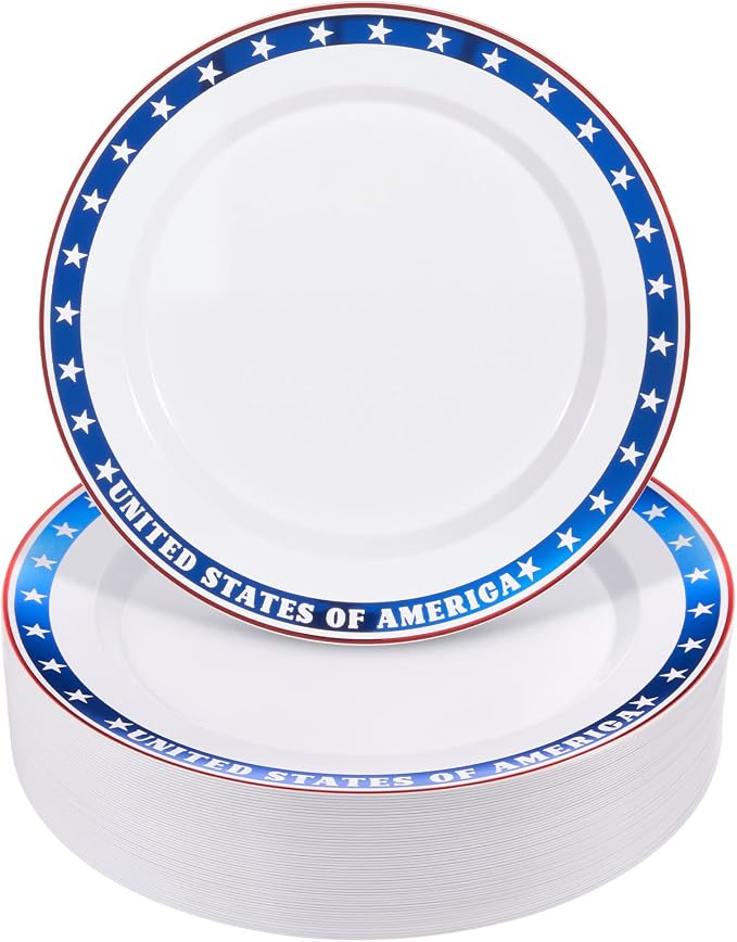 BESTVIP 50Pcs 4th of July Plastic Plates, 10 Inch American Flag Pattern | Heavy by Bestvip