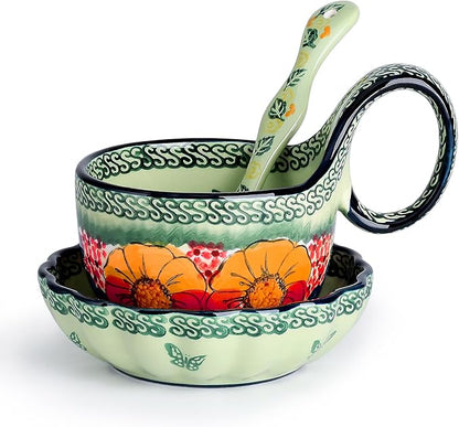 silesia Handmade Loop Handle Soup Bowl, Plate and Spoon Set Ceramic Hand by silesia
