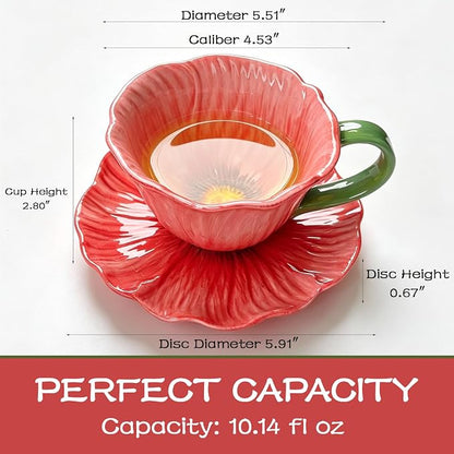 10 oz Tea Cups and Saucers, Flower-Shaped Ceramic Latte Art Cappuccino Cup and - Image 2
