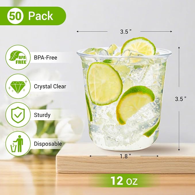 50 Pcs Round Bottom Plastic Cups, 12 oz Disposable Stemless Wine Glasses | - Image 2