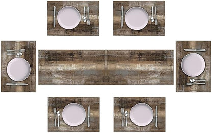 Brown and Grey Table Runner and Place Mats Set of 6 Dark Rustic Abstract - Image 2