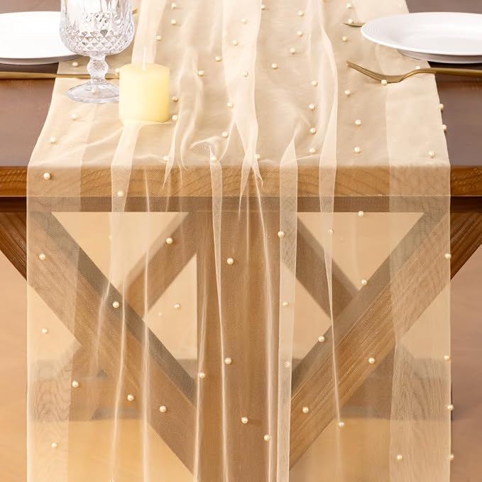 Pearl Table Runner Summer Tulle Gauze Sheer Wedding Party Home Decor | Peach - Image 2