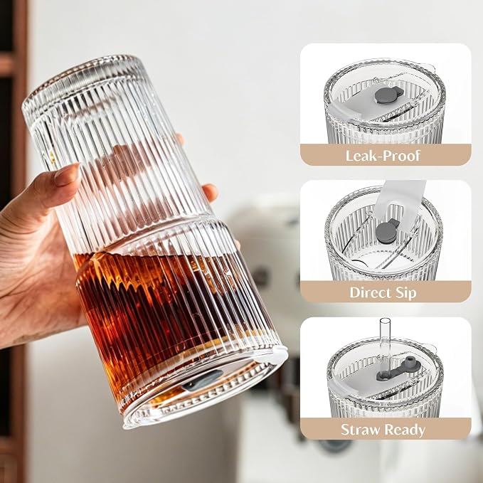 INSETLAN 8-Piece Glassware Set – 20 oz Ribbed Glass Tumblers - Image 4
