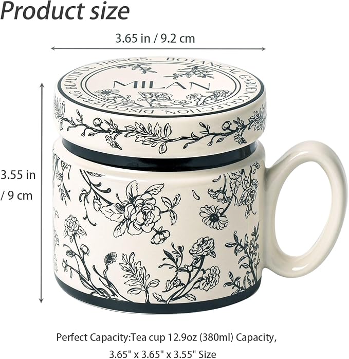 12.9oz Ceramic Coffee Mug with Lid, Flower Patterned Porcelain Mug, Ceramic Tea - Image 2
