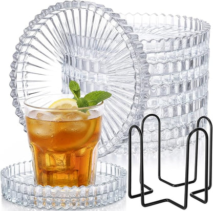 Remerry 6 Pcs Clear Crystal Coaster Set with Holder Glass Coasters for Drinks 4 Inch Drinks Crystal Round Cup Coasters Coffee Table Decor for Office Kitchen Bar Restaurant Patio (Transparent)