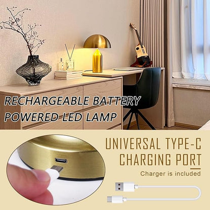 MIXL-Cordless Gold Mushroom Table Lamp,Battery Mushroom Night Light,Wireless Touch Nightstand Lamp,Mid Century Modern Table Lights for Living Room Bedroom