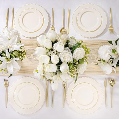 U-QE 60PCS Ivory Plastic Plates - Beaded Ivory Plates Disposable Heavy Duty - Perfect for Party, Baby Shower, Wedding, Birthday - Include 30PCS 10inch Dinner Plate & 30PCS 7inch Dessert Plate